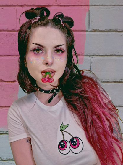 Eyeball Cherries Embroidered Crop Tee